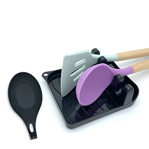 LSVGOE 2 Pack Multiple Utensil Spoon Rest with Drip Pad Non-Slip Heat Resistant Kitchen and Grill Spoon Holder for Spatula, Ladle, Tongs, Kitchen Gadgets, and Cooking Accessories (Bright Black)