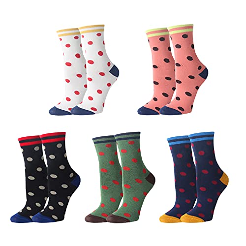 Womens Novelty Funny Crew Socks Girls Cute Floral Colorful Patterned Socks Silly Funky Casual Cotton Flower printed Socks Gift，5 Pack-polka Dot