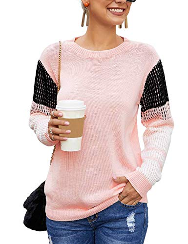 koitmy Women's Cute Contrast Sleeve Knitted Pullover Sweater Pink