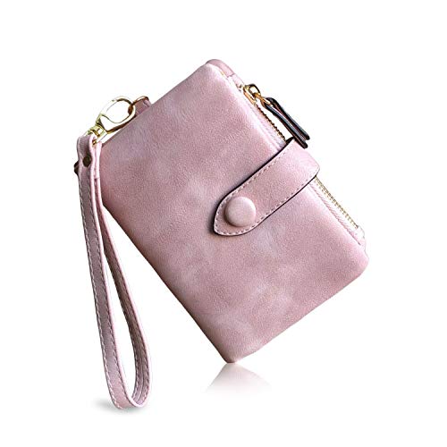Womens Small Bifold Leather Wallets Rfid Ladies Wristlet with Card slots id window Zipper Coin Purse Pink