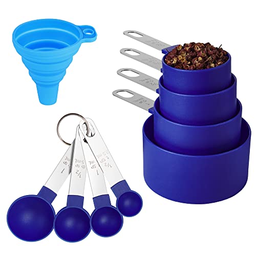 Measuring Cups and Spoons Set of Huygens Kitchen Gadgets 8 Pieces, Stackable Stainless Steel Handle Measuring Cups for Measuring Dry and Liquid Ingredient (Sapphire blue)