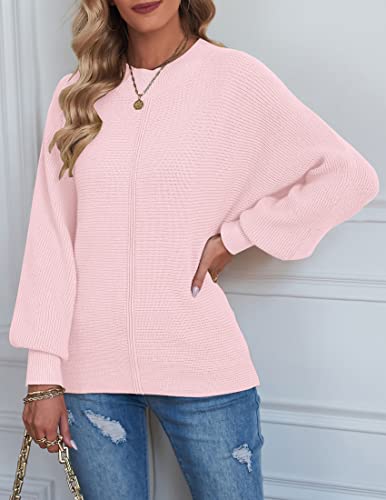 TECREW Womens Long Sleeve Crew Neck Ribbed Knit Solid Color Cozy Pullover Sweater Top, Pink, Small