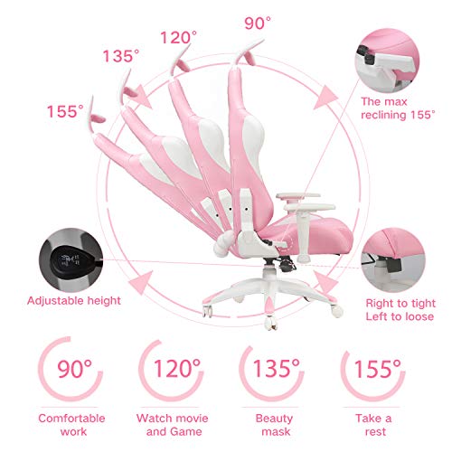 Ergonomic Pink Leather Gaming or Office Desk Chair w/Rabbit Ears and Lumbar Support
