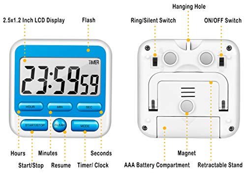 KTKUDY Digital Kitchen Timer with Mute/Loud Alarm Switch ON/Off Switch, 24 Hour Clock & Alarm, Memory Function Count Up & Count Down for Kids Teachers Cooking, Large LCD Display, Strong Magnet (Blue)