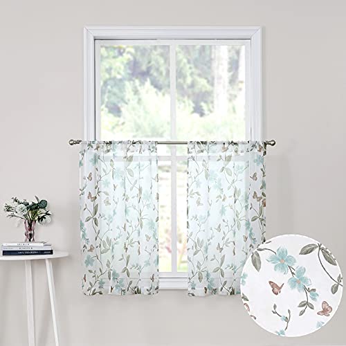 Tollpiz Short Sheer Floral Tier Curtains Blue Flower Butterfly Printed Half Window Curtain Rod Pocket Kitchen Voile Faux Linen Curtains for Bathroom, 30 x 24 inches Long, Set of 2 Panels