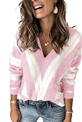 ANCAPELION Women’s V Neck Sweater Pullover Winter Basic Sweatshirt Long Sleeve Casual Knitted Jumper Tops Loose Fit Pink Medium