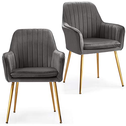Giantex Set of 2 Velvet Dining Chairs, Accent Upholstered Arm Chair w/Steel Legs, Thick Sponge Seat, Non-Slipping Pad, Modern Leisure Chair for Dining Room, Living Room, Bedroom, Dark Grey