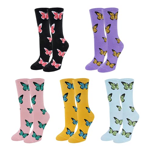 Womens Gils Novelty Funny Funky Crew Socks Colorful Crazy Cute Floral Animal Food Patterned Cotton Dress Socks Gifts，5 Pair Little Butterfly