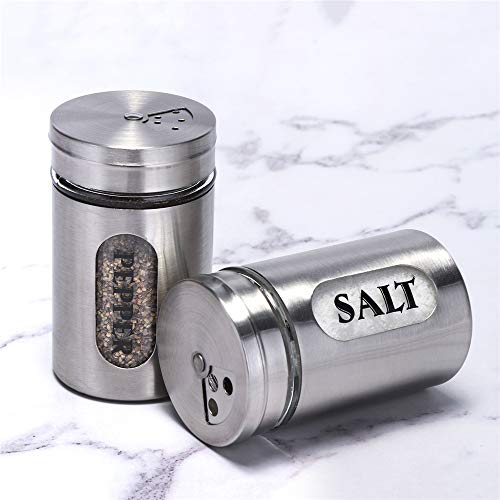 Salt and Pepper Shakers Stainless Steel and Glass Set with Adjustable Pour Holes(Silvery)