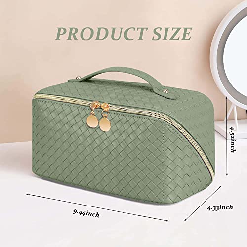 MLAY PU Travel Cosmetic Bag - Makeup Bag, Large Capacity Leather Waterproof Cosmetic Bags, Women Portable Travel Makeup Bag With Handle and Divider Flat Lay make up bag