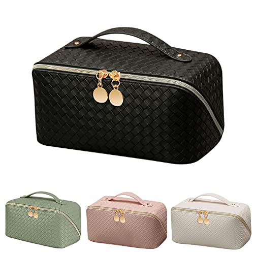 MLAY PU Travel Cosmetic Bag - Makeup Bag, Large Capacity Leather Waterproof Cosmetic Bags, Women Portable Travel Makeup Bag With Handle and Divider Flat Lay make up bag