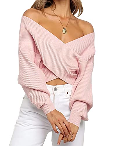 V-Neck Long Sleeve Cross Wrap Off Shoulder Asymmetric Hem Knitted Pullover Sweater  (13 colors)