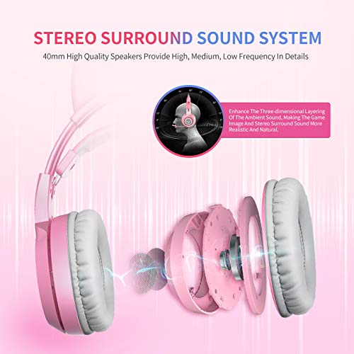 Pink Stereo Gaming Headset, Self-Adjusting Over Ear Headphones with Detachable Cat Ears