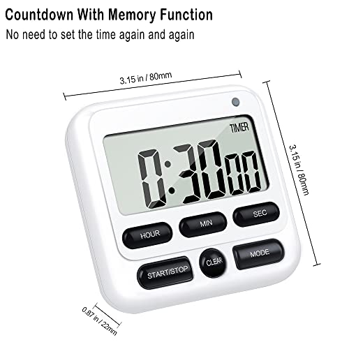 KTKUDY Digital Kitchen Timer with Mute/Loud Alarm Switch ON/Off Switch, 24 Hour Clock & Alarm, Memory Function Count Up & Count Down for Kids Teachers Cooking, Large LCD Display, Strong Magnet (White)