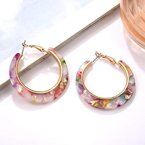 Pink & Gold Flowers Marble Look Resin Hoop Earrings