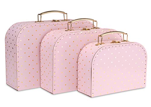 Jewelkeeper Paperboard Suitcases, Set of 3 – Nesting Storage Gift Boxes for Birthday Wedding Easter Nursery Office Decoration Displays Toys Photos – Pink and Gold Dot Design