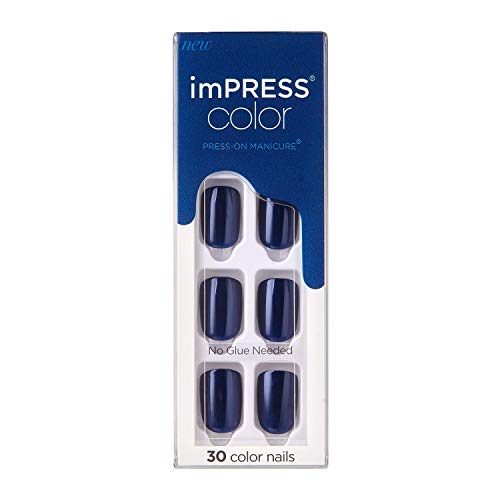 KISS imPRESS Color Press-On Manicure, Gel Nail Kit, PureFit Technology, Short Length, “Never Too Navy”, Polish-Free Solid Color Mani, Includes Prep Pad, Mini File, Cuticle Stick, and 30 Fake Nails