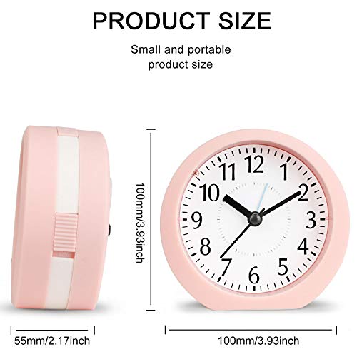 Analog Alarm Clock, 4" Super Silent Non-Ticking w/Snooze & Night Light, Pink or White