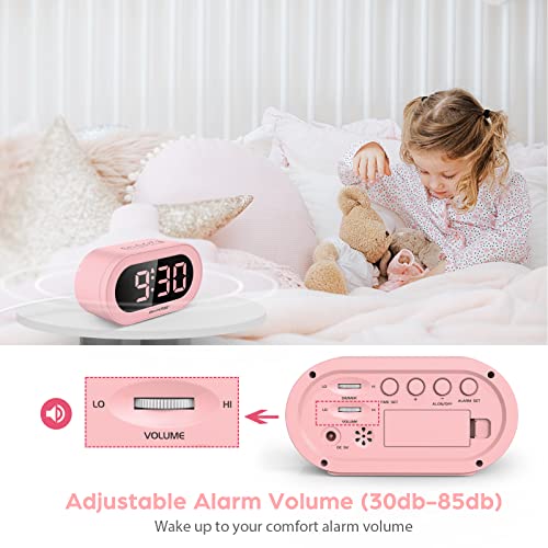 Reacher Pink Girls Alarm Clock for Kids'Bedroom Decor , Dimmable LED Digital Display, Outlet Powered, Adjustable Volume, Simple to Use, Snooze, Small Size for Bedroom, Desk, Toddler