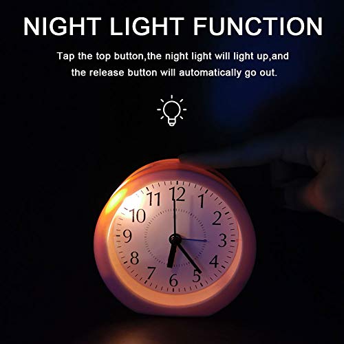 Analog Alarm Clock, 4" Super Silent Non-Ticking w/Snooze & Night Light, Pink or White