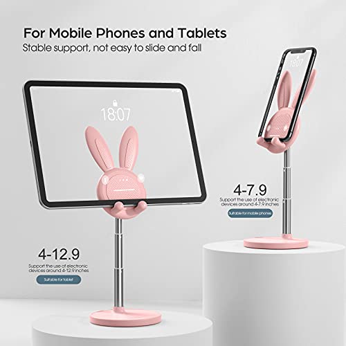 Cute Bunny Phone Stand, Angle Height Adjustable OATSBASF Cell Phone Stand for Desk, Thick Case Friendly Phone Holder Stand, Compatible with iPhone, Kindle, iPad, Switch, Tablets, All Phones (Pink)