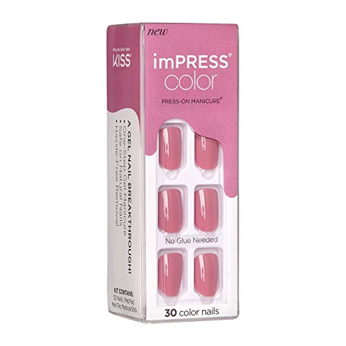 KISS imPRESS Color Press-On Manicure, Gel Nail Kit, PureFit Technology, Short Length, “Petal Pink”, Polish-Free Solid Color Mani, Includes Prep Pad, Mini File, Cuticle Stick, and 30 Fake Nails