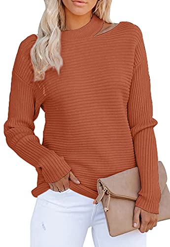 KIRUNDO 2021 Women’s Sweaters Halter Neck Off Shoulder Long Sleeves Knit Sweater Loose Solid Pullovers Tops (Rust Red, X-Large)