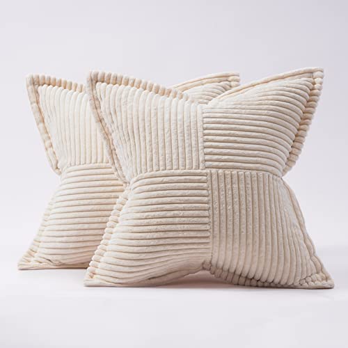 Topfinel Boho Cream Throw Pillows Covers 20 x 20（50 X 50 cm） Set of 2, Corduroy Decorative Rustic Modern Farmhouse Pillow Cover,Square Cushion Case for Couch Sofa Bedroom Living Room NO Pillow Insert