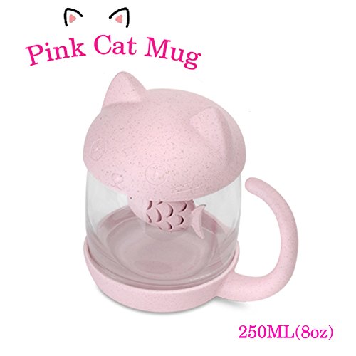 Cat Glass Tea Mug Water Bottle-With Fish Tea Infuser Strainer Filter 250ML（8OZ） (Pink)