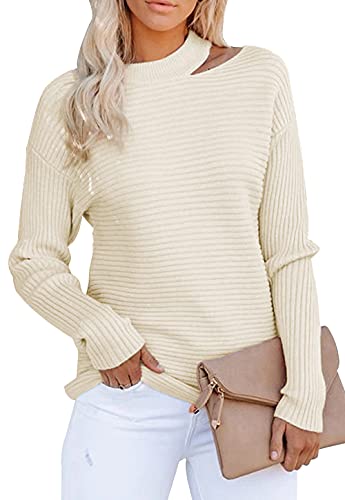 KIRUNDO 2021 Women’s Sweaters Halter Neck Off Shoulder Long Sleeves Knit Sweater Loose Solid Pullovers Tops (Apricot, X-Large)