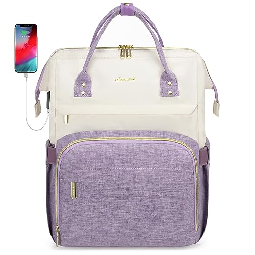 LOVEVOOK Laptop Backpack Purse for Women, Fashion Work Travel Bags, Business Computer Backpacks, Doctor Nurse Backpack with USB Port, fits 15.6-Inch Laptop, Beige-Purple