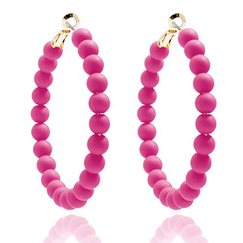ZENZII Colorful Beaded Big Circle Hoop Fashion Earrings for Women (Hot Pink)