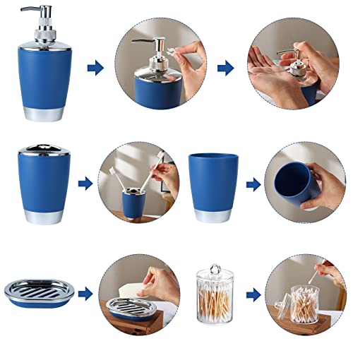 HOMEACC 8 Pcs Blue Bathroom Accessories Set,with Toothbrush Holder,Toothbrush Cup,Soap Dispenser,Soap Dish,Toilet Brush Holder,Trash Can,Cotton Swab Box,Plastic Bathroom Set for Home and Bathroom
