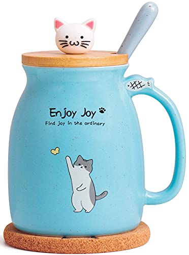 Feify Cute Cat Cup Ceramic Coffee Mug with Kawaii Cat Wooden Lid, Lovely Stainless Steel Spoon, Anime Kitty Thicken Wooden Coaster, Christmas Birthday Gift Cute Thing Japanese Mug 480ML(Blue)