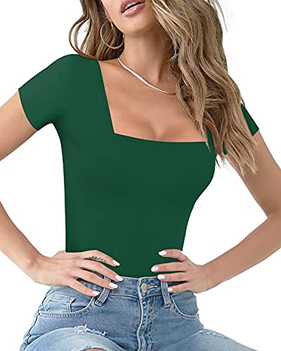 MANGOPOP Womens Short Sleeve/Long Sleeve Square Neck T Shirts Tops Tees (Short Sleeve Dark Green, Medium)