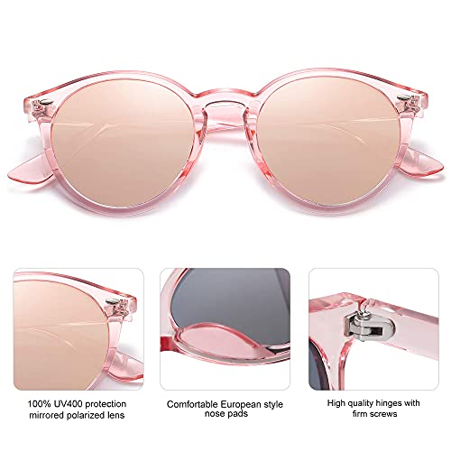 SOJOS Retro Round Polarized Sunglasses for Women Men Circle Frame UV400 Lenses SJ2069, Clear Pink/Pink Mirrored