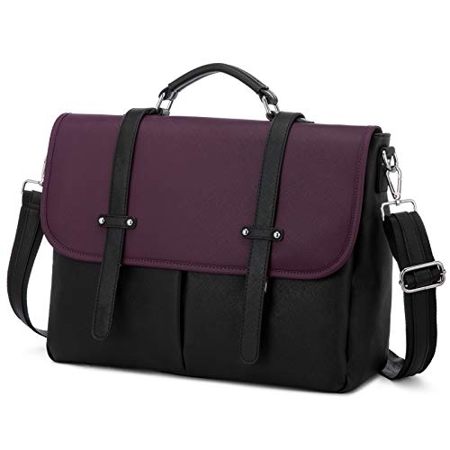 Laptop Bag for Women 15.6 Inch Leather Computer Bag Waterproof Briefcase Messenger Bag for Work College, Black-Purple