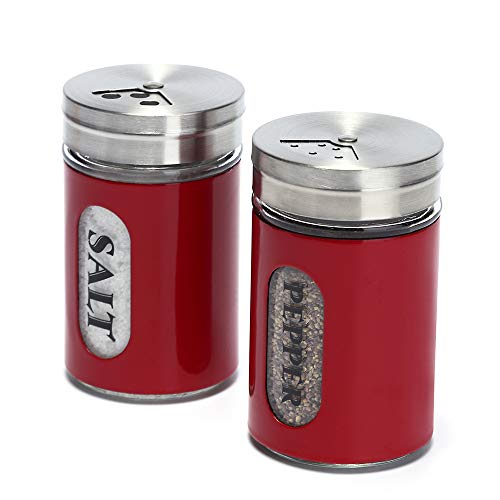 YEEPHENYEEVEE Salt and Pepper Shakers Stainless Steel and Glass Set with Adjustable Pour Holes (Red)