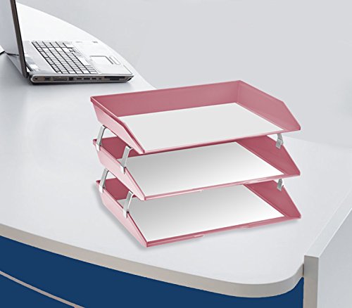 Triple Side Loading Office Desk Supplies Letter Tray, Pink