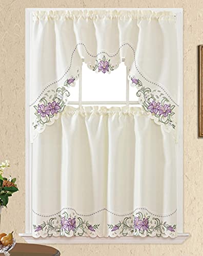 GOHD - Lily Fragrance. 3pcs Multi-Color Embroidery Kitchen Curtain/ Cafe Curtain / Swag & Tiers Set with cutworks. (Purple)