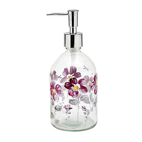 Purple Flower Glass Soap Dispenser Bottle with Plastic Pump, 17oz