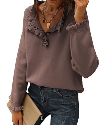 BTFBM Women's Sweaters Casual Long Sleeve Button Down Crew Neck Ruffle Knit Pullover Sweater Tops Solid Color Striped (Solid Brown Camel, Medium)