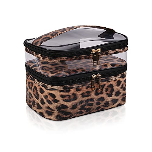imerelez Double-layer Cosmetic Bag Toiletry Bag Large Travel Makeup Pouch Organizer Bag for Girls Women, Portable Waterproof Foldable (Leopard)­