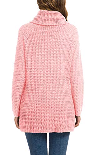 GRECERELLE Women's Casual Turtle Cowl Neck Asymmetric Hem Wrap Pullover Chunky Button Knit Sweater Pink-Medium