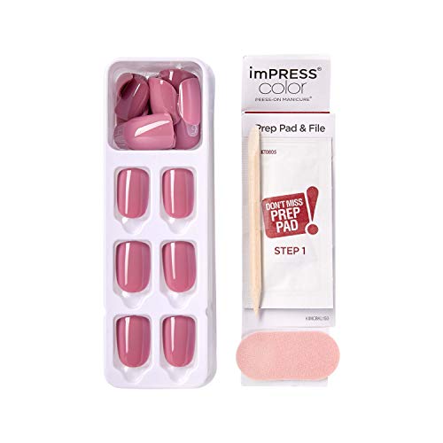 KISS imPRESS Color Press-On Manicure, Gel Nail Kit, PureFit Technology, Short Length, “Petal Pink”, Polish-Free Solid Color Mani, Includes Prep Pad, Mini File, Cuticle Stick, and 30 Fake Nails