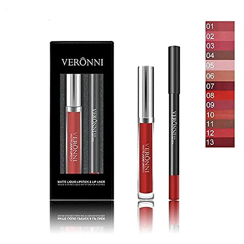 VERONNI Matte Liquid Lipstick with Lip Liner Lip Contour kit Waterproof Long Lasting Lip Gloss with 13 Colors Nonstick Cup Lip Stick Set (#13)