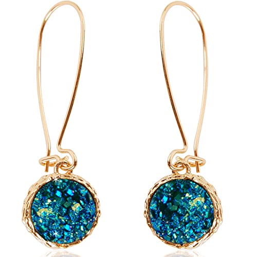Humble Chic Simulated Druzy Threaders, Boho Glitter Upside-Down Long Hoop Dangle Drop Earrings for Women, Gold - Blue Green Stone