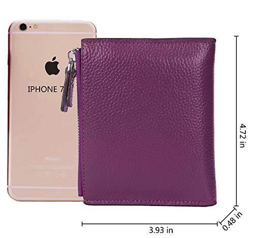 AINIMOER Women's RFID Blocking Leather Small Compact Bi-fold Zipper Pocket Wallet Card Case Purse (Lichee Dark Magenta)