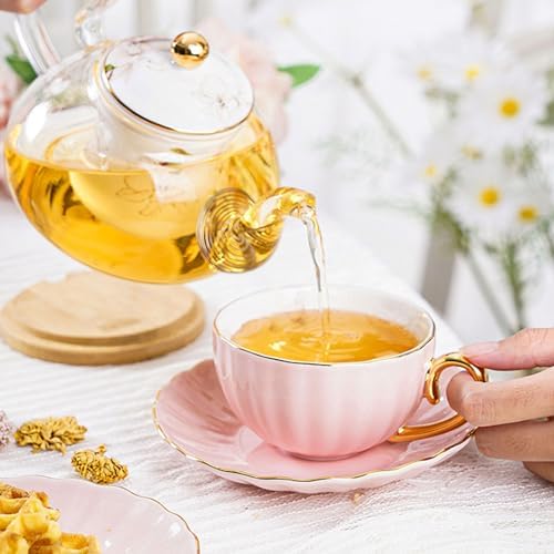 ICHAG Cups and Saucers Set of 6, Coffee Mugs, Tea Cups Set with Bowknot, Tea Set, 18-piece, Cup with 8.4oz, Golden Spoon, For Tea Party, Christmas Gifts, Gifts for Home Office