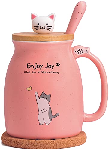 Feify Cute Cat Cup Ceramic Coffee Mug with Kawaii Cat Wooden Lid, Lovely Stainless Steel Spoon, Anime Kitty Thicken Wooden Coaster, Christmas Birthday Gift Cute Thing Japanese Mug 480ML(Pink)